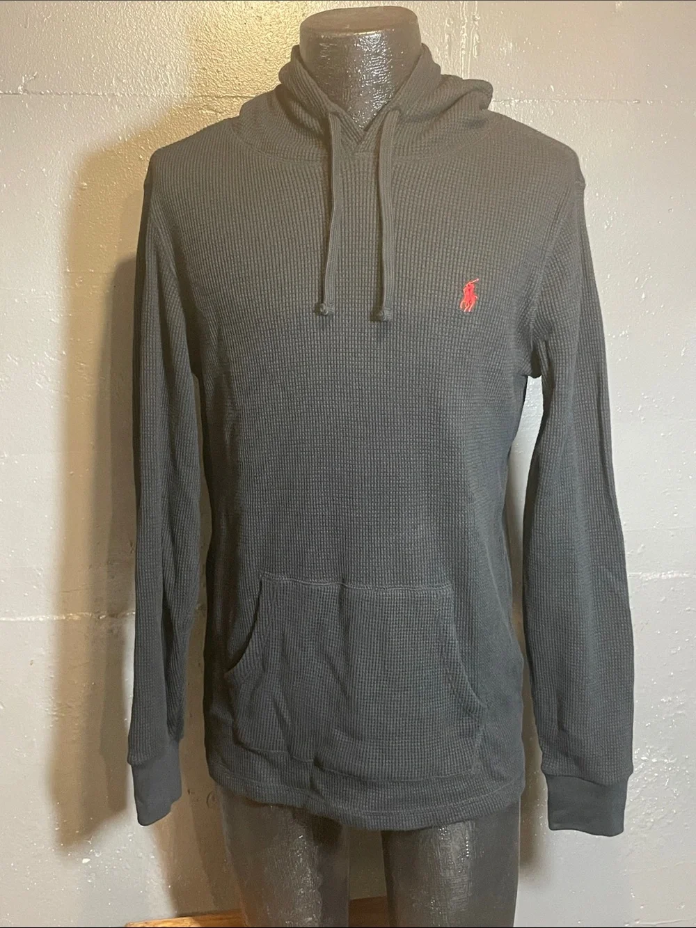 Polo by Ralph Lauren Black Waffle-Knit Hoodie with Red Pony